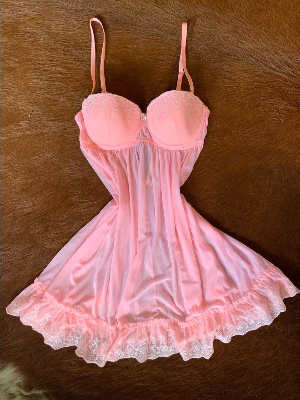 Vintage Y2K Pink Mesh Babydoll Slip Dress Coquette Lace Lingerie XS